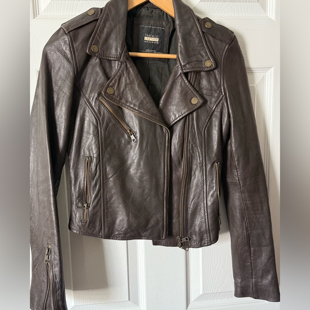 Zara TRF Genuine Real  Leather Women Moto Jacket Medium  Color Chocolate Brown